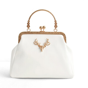 女包秋冬新款简约休闲 森林系小鹿链条手提斜挎包包女口金包 白色 鹿