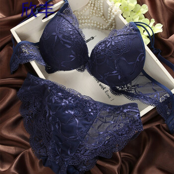 法士隆 欧美性感蕾丝bc中薄款聚拢文胸套装少女士内衣内裤 深蓝色套装