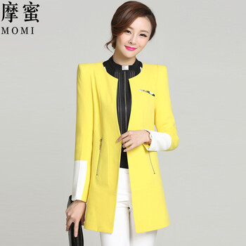 摩蜜2015秋装新款韩版女装中长款简约时尚薄款西装外套女XXZ11 黄色 M