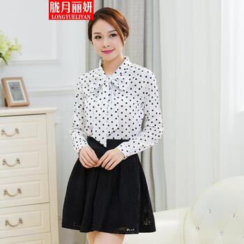 胧月丽妍2015秋季女装蝴蝶结宽松上衣长袖圆点印花雪纺衫女JG 白色 L