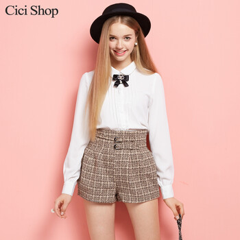 CiciShop2015秋冬小清新百搭甜美蝴蝶结长袖雪纺打底衬衫7910 白色 S