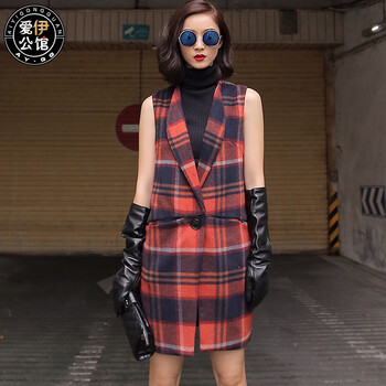 爱伊公馆AYGG2015秋冬季新款格子女式马甲休闲中长款无袖毛衣西装外套 橙色 L