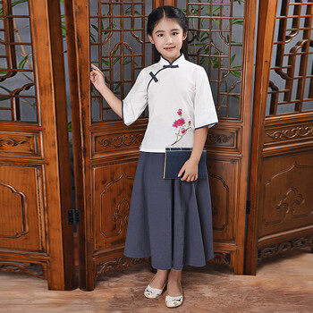 中式民国风学生装唐装汉服套装女孩子装女童宝宝演出服装秋 白色