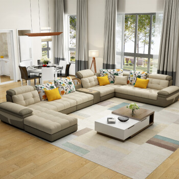 雅行 布艺沙发绒布可拆洗现代客厅组合沙发 六件套组合 米白 浅咖啡色