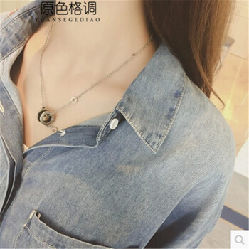 原色格调 2015秋装新款牛仔衬衫女长袖韩版宽松上衣中长款bf风衬衣外套 浅蓝色 S