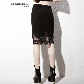 Me Forever真我永恒2015秋装新款蕾丝拼接显瘦半身裙中裙女363142142 黑色 M