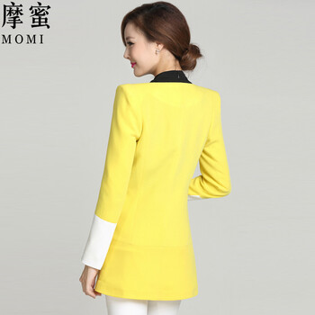 摩蜜2015秋装新款韩版女装中长款简约时尚薄款西装外套女XXZ11 黄色 M
