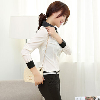 以澜 2015新款修身衬衣女装荷叶边系蝴蝶结长袖衬衫129 XL