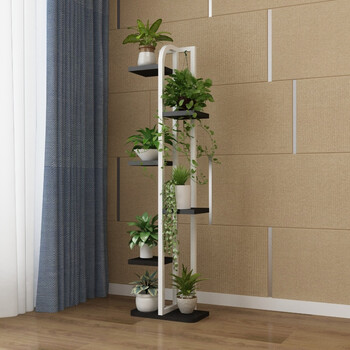 花架窄铁艺多功能吊兰花架子多层室内组装 6层白色钢架黑色面板(弯管