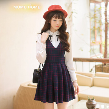 Mumu Home2016春装新款日系学院风甜美格纹修身V领无袖连衣裙 深蓝色 XS