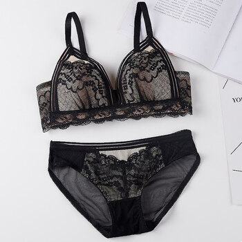 北极绒深v文胸套装少女性感聚拢内衣女无钢圈小胸罩 黑色 80a