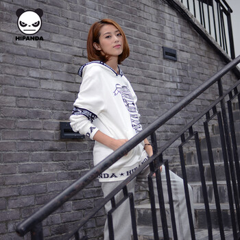 HIPANDA 你好熊猫 设计潮牌 女款 织带熊猫连帽 学生卫衣 女 套头 黑色 160/M