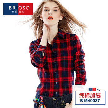 
                                        BRIOSO 秋冬款加厚长袖衬衫女 大码格子保暖衬衣修身打底衫上衣潮 B1540012 M                