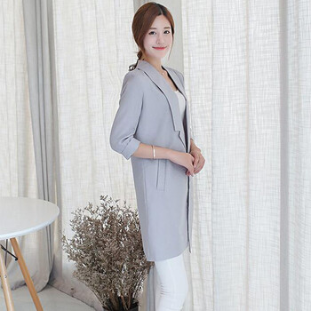 巴蔓妮2015韩国东大门女式中长款i风衣女春秋韩版麻料小西装外套西服 银色 S