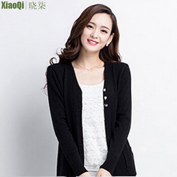 晓柒2015秋装上新纯色中长款针织衫毛衣开衫外套女秋冬韩范学院风6074 黑色 L