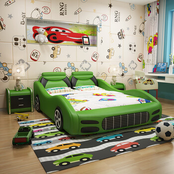 5米小孩卡通双人实木创意真皮床 绿色 真皮(裸床) 1800mm*2000mm 不带