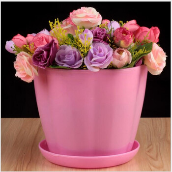 加厚环保型塑料花盆螺纹花瓣花盆送托盘仿陶瓷花瓣花盆塑料 花瓣 粉色