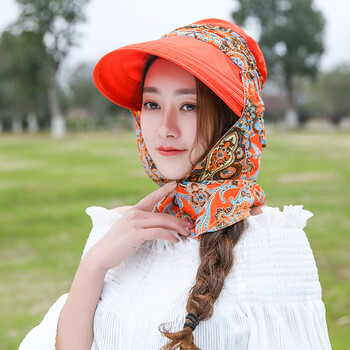 女童太阳帽公主韩版儿童遮阳帽防晒沙滩帽子3-10岁 桔红色纱巾款桔红