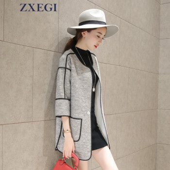 ZXEGI女装 2015秋冬新款韩版小香风中长款七分袖卫衣外套风衣女 W107 灰色 L