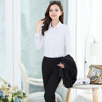 沐季 2015秋季新款修身显瘦商务通勤职业衬衫女衬衣 1505 白色 L