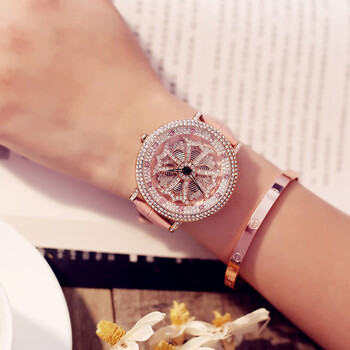 i时尚潮流克罗心表盘皮带女表水钻旋转手表学生腕表 克罗心粉