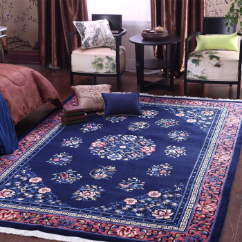 易普美家 客厅地毯茶几毯欧式家用新中式手工打结复古整张地毯卧室床边美式 格调蓝 2000MMx3900MM