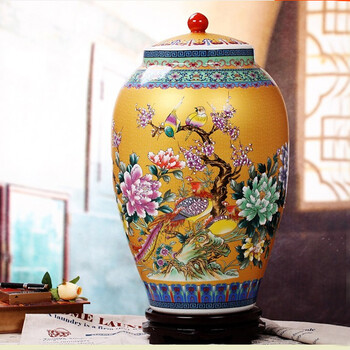 
                                        陶之念 景德镇陶瓷 米缸 米桶储物罐 酒坛缸水缸腌菜坛50斤 金色花鸟                