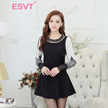 ESVT 韩版2015秋季新款雪纺衫秋女时尚简约印花修身显瘦圆领长袖连衣裙 女 黑色小衫 XXL
