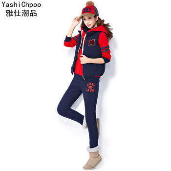 雅仕潮品 秋冬季韩版加绒加厚休闲运动三件套装女士卫衣套装 红色 XL