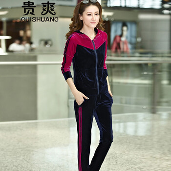 贵爽2015新款金丝绒休闲套装女韩版天鹅绒卫衣运动服套装女春秋 荧光绿 XXL