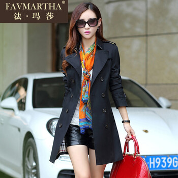 
                                        FAVMARTHA/法玛莎新款女装韩版修身双排扣中长款风衣女外套潮 黑. XL                