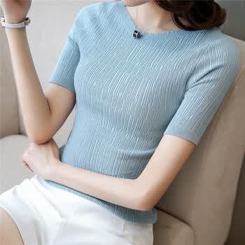 夏装 新款冰丝修身短袖针织衫套头打底衫紧身中袖t恤女薄上衣 浅蓝色