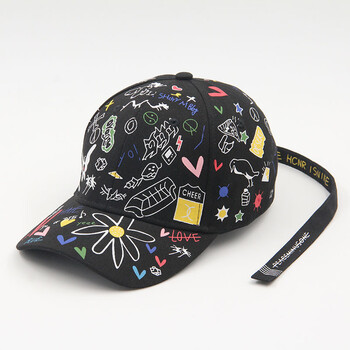 帽子男长带子涂鸦图案棒球帽女夏天休闲遮阳帽学生韩版鸭舌帽mll 黑色