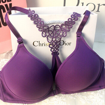 前扣无钢圈文胸小胸聚拢蕾丝美背光面礼服内衣 9929水溶美背紫色(无