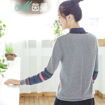
                                        茵曼秋装简约袖身民族针织衫提花圆领长袖毛衣女【85313$20498】 花灰色 M                