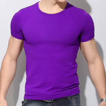夏季男士短袖t恤圆领纯色体恤打底衫修身上衣紧身半袖男装黑白潮 紫色