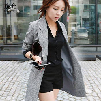 珑允2015秋装新款小西服休闲外套韩版中长款修身显瘦薄西装女 灰色 XL