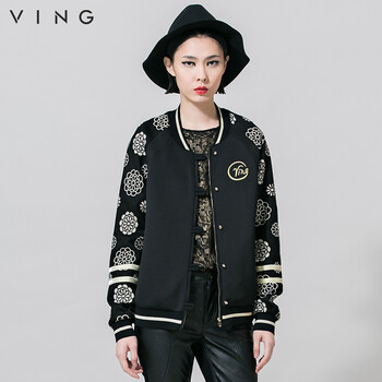 
                                        VING春装新款高端女装刺绣棒球服时尚运动衫修身短款外套夹克9531411011 黑色 XL                