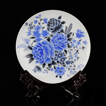 景德镇陶瓷器青花瓷挂盘 装饰坐盘子 家居装饰工艺品摆件 牡丹花 龙头