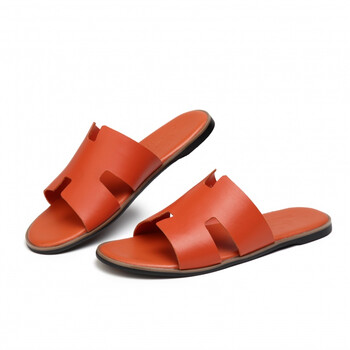 欧洲站凉鞋透气沙滩鞋h真皮男拖鞋夏大码防滑牛皮一字拖鞋男 橙色