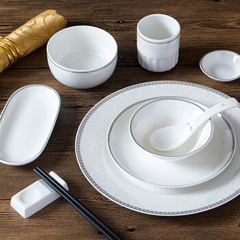 白金花纹酒店摆台餐具套装用品餐厅餐具摆台碗碟勺包厢餐具三件套