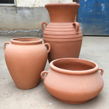 户外景观陶罐花卉 双耳红泥粗土花瓶组合 红陶花盆摆件红陶盆粗陶
