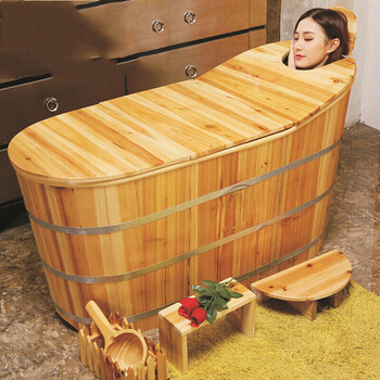 鹤彩 美容院木桶浴桶全身熏蒸泡澡桶沐浴大洗澡盆家用浴缸带盖 130