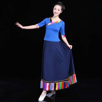 夏季广场舞服装新款套装长袖中老年跳舞服装女现代舞演出服长裙 蓝色