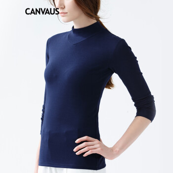 
                                                            CANVAUS秋冬新款半高领修身纯色打底衫女长袖 棉t恤上衣F130A 白色 S                