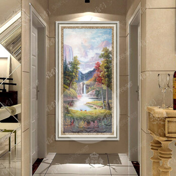 
                                        雅创油画 纯手绘欧式山水风景油画装饰画走廊过道玄关竖版聚宝盆壁画 福禄开运 雪花银框 90X180CM                