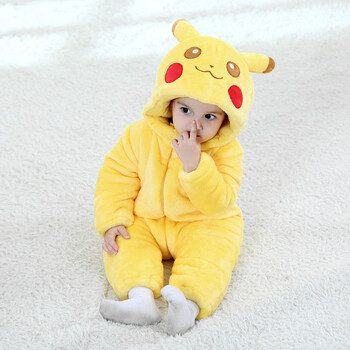 春节搞怪衣服男宝宝加厚外出连体衣0-3个月1-2-3岁抱抱服 黄色 皮卡丘
