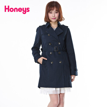 秋季honeys好俪姿纯色通勤OL风格长风衣592-44-7117 藏青3 M