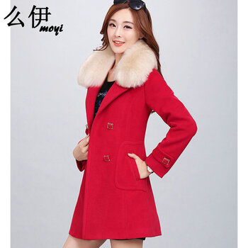 么伊毛呢大衣女2015秋冬装新款韩版时尚修身长袖毛呢外套女中长款配可拆卸毛领8201 大红色 M