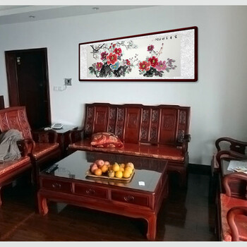 苏雅国画牡丹水墨画花鸟画中式装饰画富贵吉祥 红褐色实木框配有机玻璃 88x228厘米